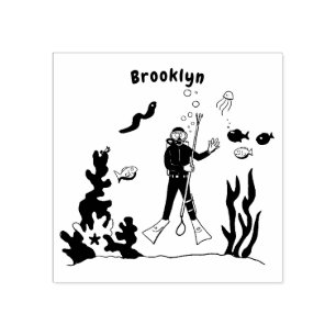 Funny scuba diver and fish sea creatures cartoon  rubber stamp