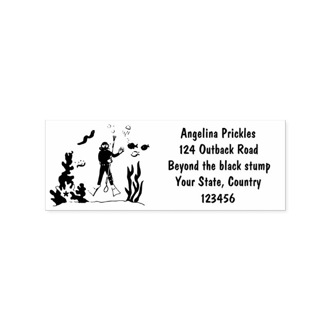 Funny scuba diver and fish sea creatures cartoon  rubber stamp (Imprint)