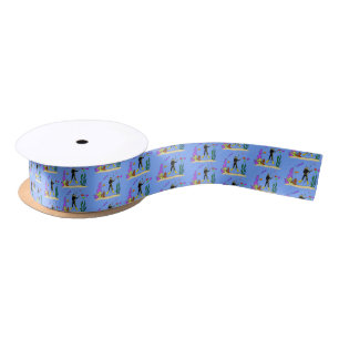 Funny scuba diver and fish sea creatures cartoon satin ribbon