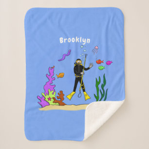 Funny scuba diver and fish sea creatures cartoon sherpa blanket