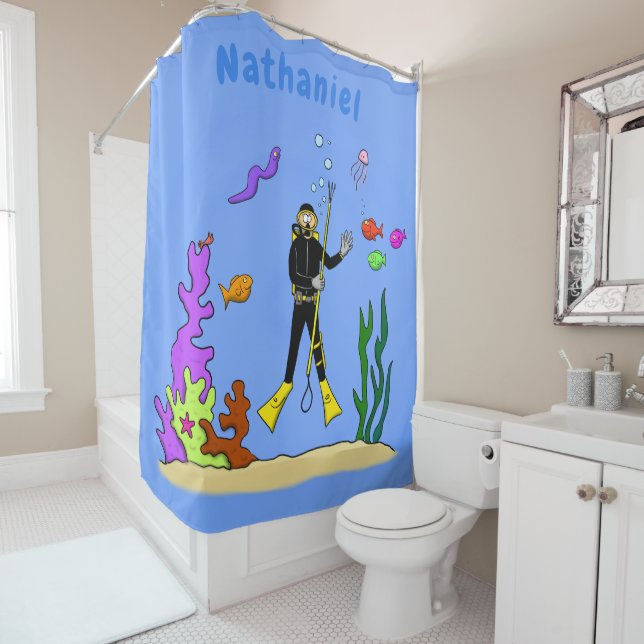 Funny scuba diver and fish sea creatures cartoon shower curtain (In Situ)