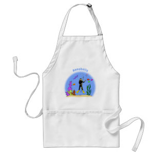 Funny scuba diver and fish sea creatures cartoon standard apron