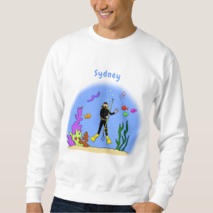 Funny scuba diver and fish sea creatures cartoon sweatshirt