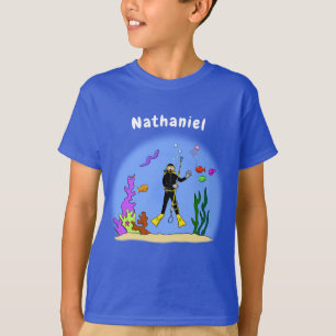 Funny scuba diver and fish sea creatures cartoon T-Shirt