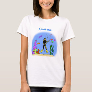 Funny scuba diver and fish sea creatures cartoon T-Shirt