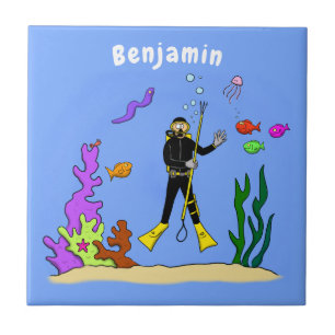 Funny scuba diver and fish sea creatures cartoon tile