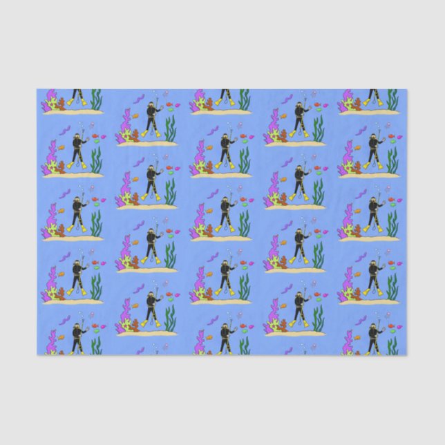 Funny scuba diver and fish sea creatures cartoon tissue paper (Front)