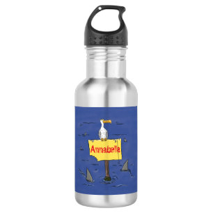 Funny sea bird circled by sharks cartoon 532 ml water bottle