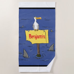 Funny sea bird circled by sharks cartoon beach towel