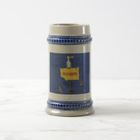 Funny sea bird circled by sharks cartoon