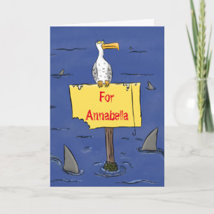 Funny sea bird circled by sharks cartoon card
