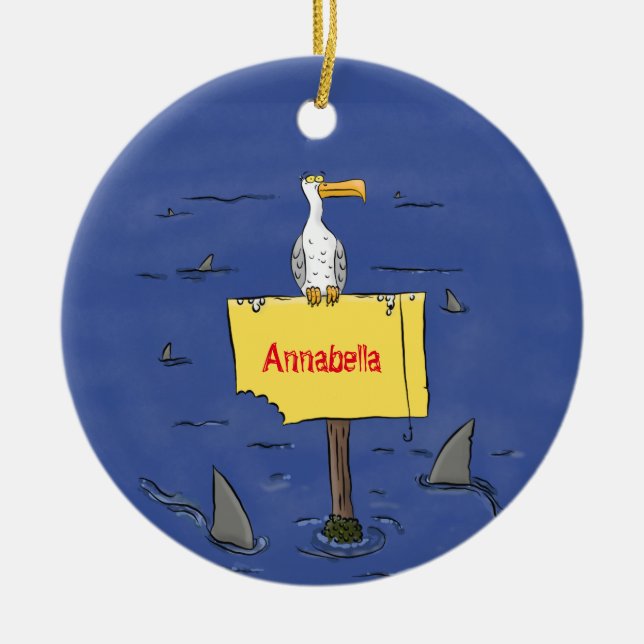 Funny sea bird circled by sharks cartoon ceramic tree decoration (Front)