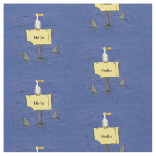 Funny sea bird circled by sharks cartoon fabric