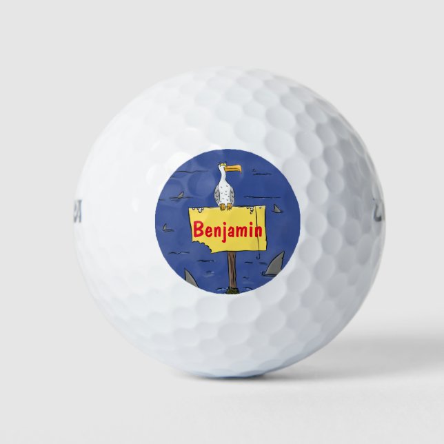 Funny sea bird circled by sharks cartoon golf balls (Front)