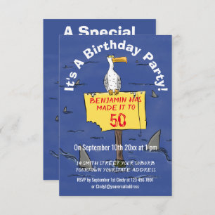 Funny sea bird circled by sharks cartoon invitatio invitation