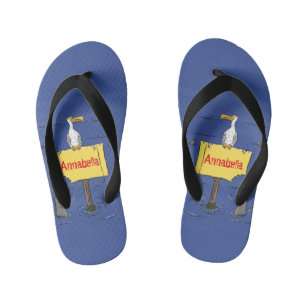 Funny sea bird circled by sharks cartoon kid's jandals