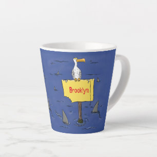 Funny sea bird circled by sharks cartoon latte mug