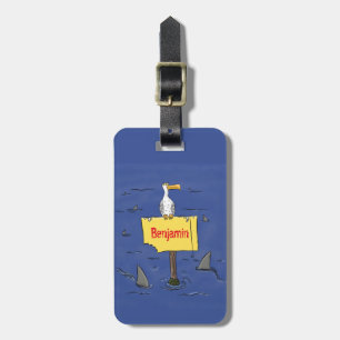 Funny sea bird circled by sharks cartoon luggage tag