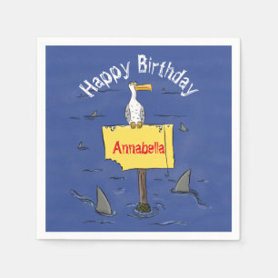 Funny sea bird circled by sharks cartoon napkin
