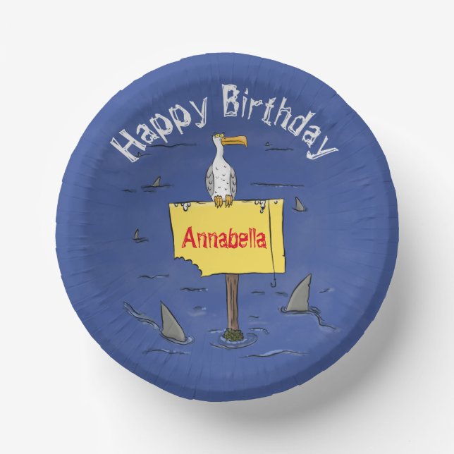 Funny sea bird circled by sharks cartoon paper plate (Front)