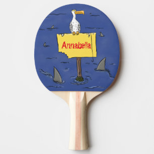 Funny sea bird circled by sharks cartoon ping pong paddle