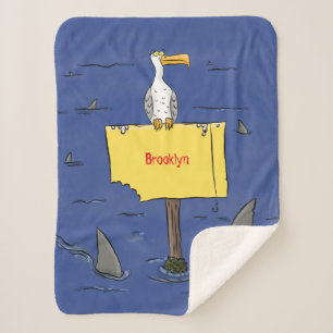Funny sea bird circled by sharks cartoon sherpa blanket