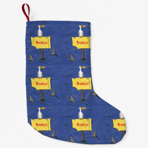 Funny sea bird circled by sharks cartoon small christmas stocking