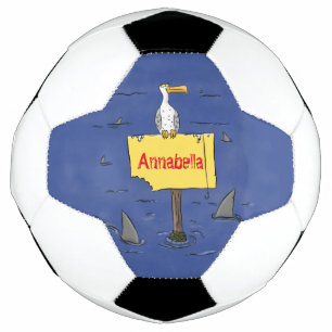 Funny sea bird circled by sharks cartoon soccer ball