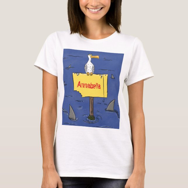 Funny sea bird circled by sharks cartoon T-Shirt (Front)