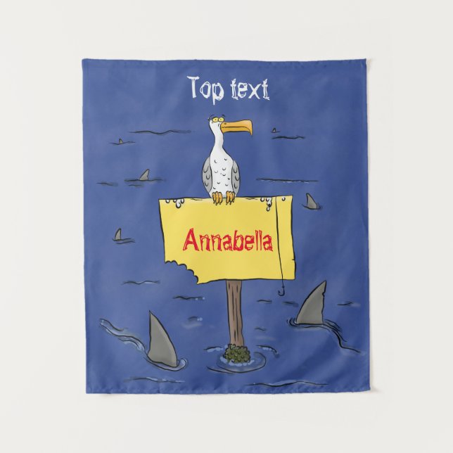 Funny sea bird circled by sharks cartoon tapestry (Front)