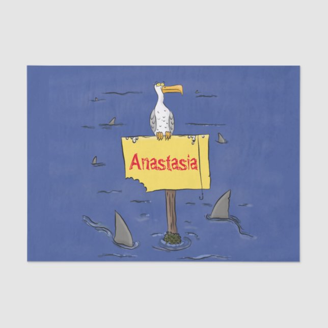 Funny sea bird circled by sharks cartoon tissue paper (Front)