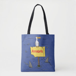 Funny sea bird circled by sharks cartoon tote bag