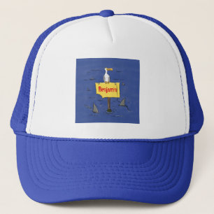 Funny sea bird circled by sharks cartoon trucker hat