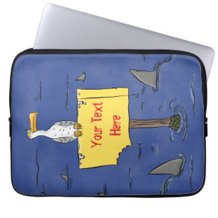 Funny sea bird surrounded by sharks cartoon laptop sleeve