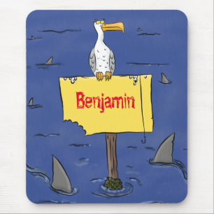 Funny sea bird surrounded by sharks cartoon mouse pad