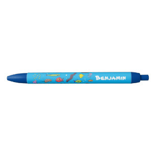 Funny sea creatures cartoon illustration black ink pen