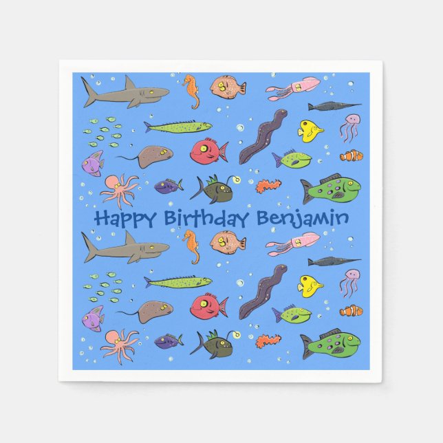 Funny sea creatures cartoon illustration napkin (Front)