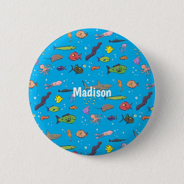 Funny sea creatures cartoon illustration pattern 6 cm round badge (Front)