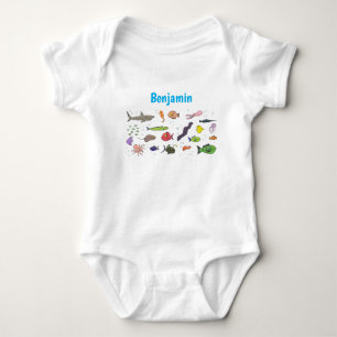 Funny sea creatures cartoon illustration pattern baby bodysuit