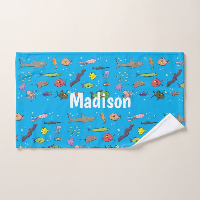 Funny sea creatures cartoon illustration pattern bath towel set (Hand Towel)