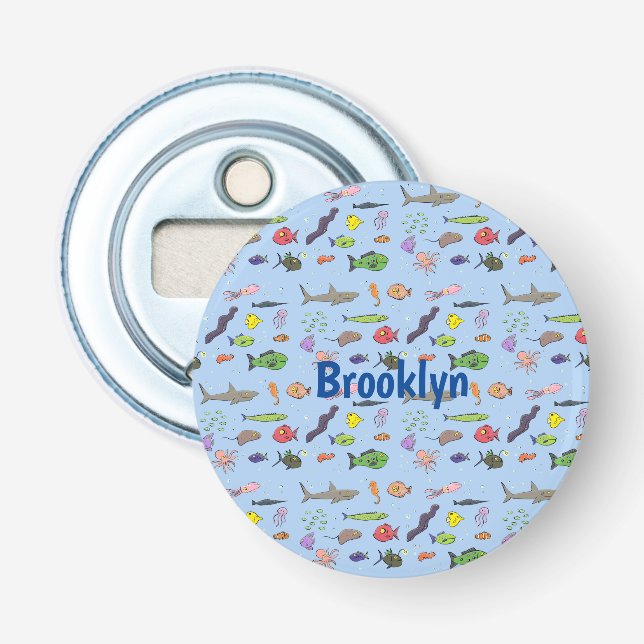 Funny sea creatures cartoon illustration pattern bottle opener (Front)