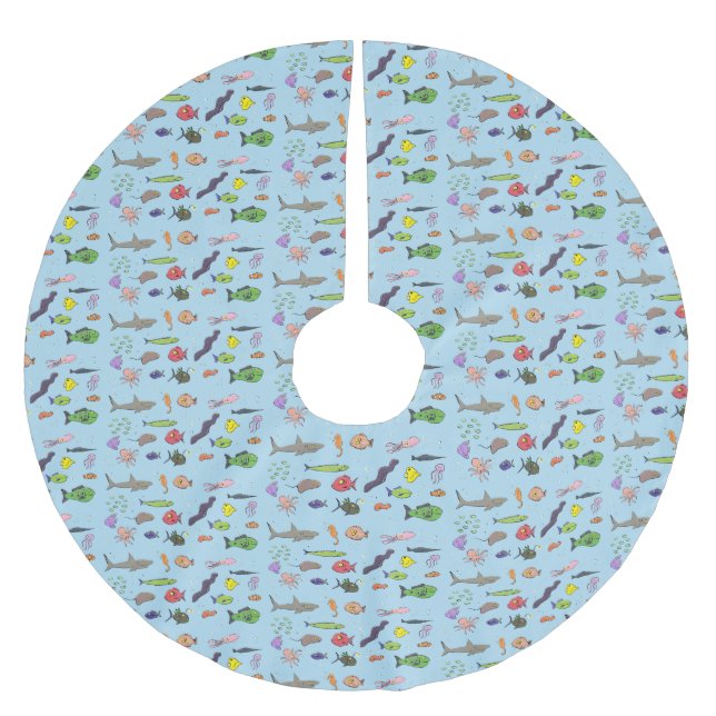 Funny sea creatures cartoon illustration pattern brushed polyester tree skirt (Front)