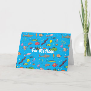Funny sea creatures cartoon illustration pattern card