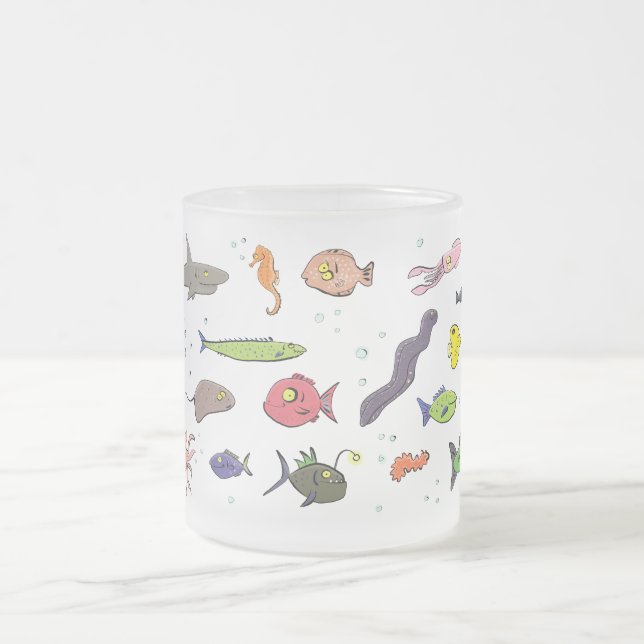 Funny sea creatures cartoon illustration pattern frosted glass coffee mug (Center)