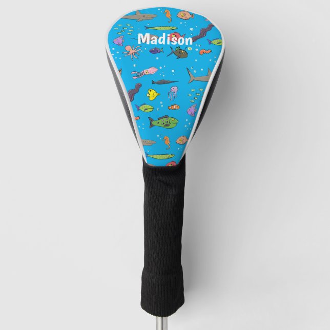 Funny sea creatures cartoon illustration pattern golf head cover (Front)