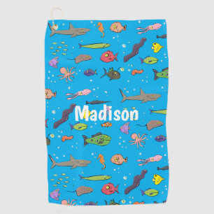 Funny sea creatures cartoon illustration pattern golf towel