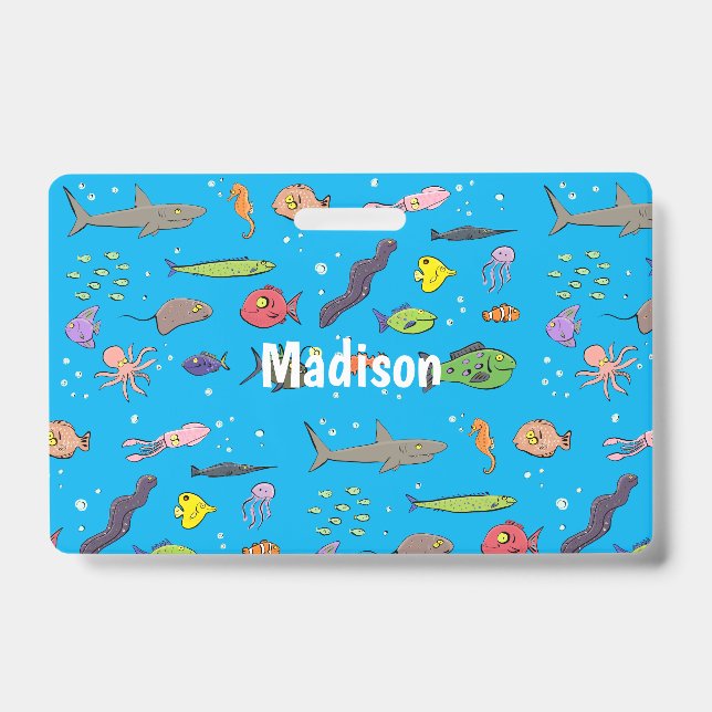 Funny sea creatures cartoon illustration pattern ID badge (Front)