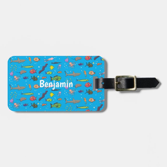 Funny sea creatures cartoon illustration pattern luggage tag (Front Horizontal)