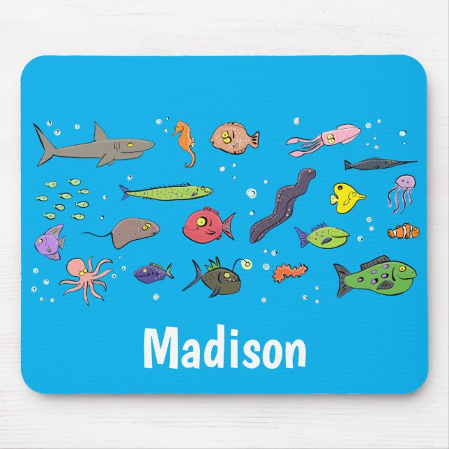Funny sea creatures cartoon illustration pattern mouse pad (Front)