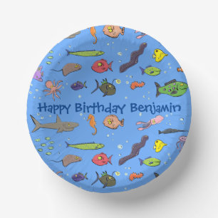 Funny sea creatures cartoon illustration pattern paper plate
